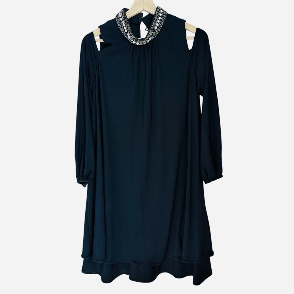 X by Xscape Dress Elegant Navy Blue with Embellished Neckline Size 10